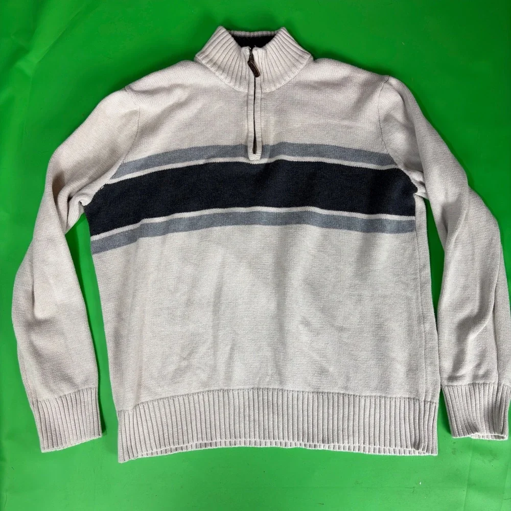 Eddie Bauer 1/4 Zip Sweater Mens L Beige/Blue Cotton Striped Pullover Mock Neck
